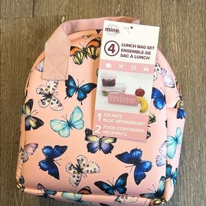 NWT Mine Pink Butterfly Travel Lunch Bag Set with Ice pack and 2 Food containers